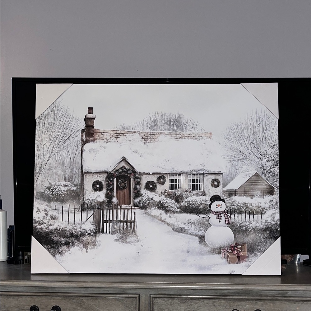 Winter Cottage Snowman Canvas Art